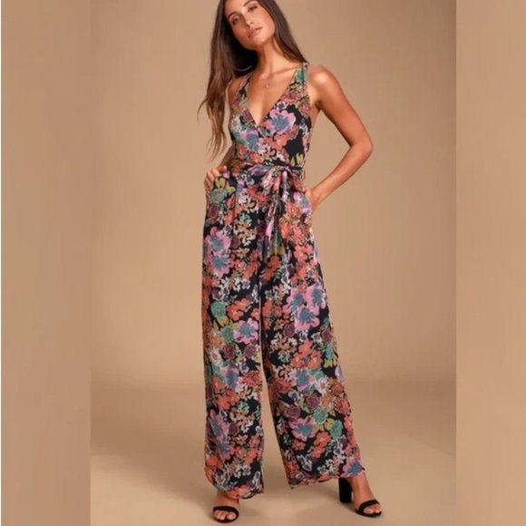 LULU'S Sweetest Romance Black Multi Floral Print Wide Leg Jumpsuit Size XS - Picture 1 of 12
